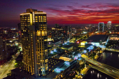 Red sunset behind crown tower
